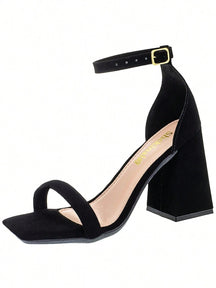 Sandália Shekinah Bege Salto Bloco Alto Bico Quadrado