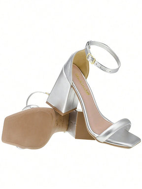 Shekinah Sandália Feminina Salto Alto Bloco Quadrado Salto Geométrico Pregado Shekinah Lançamento Confortável Macia Moderna Festa Moda Blogueira Fashion Novidade