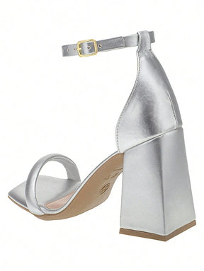 Sandália Shekinah Bege Salto Bloco Alto Bico Quadrado