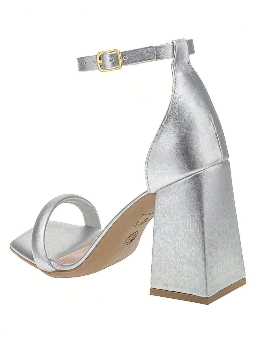 Sandália Shekinah Bege Salto Bloco Alto Bico Quadrado