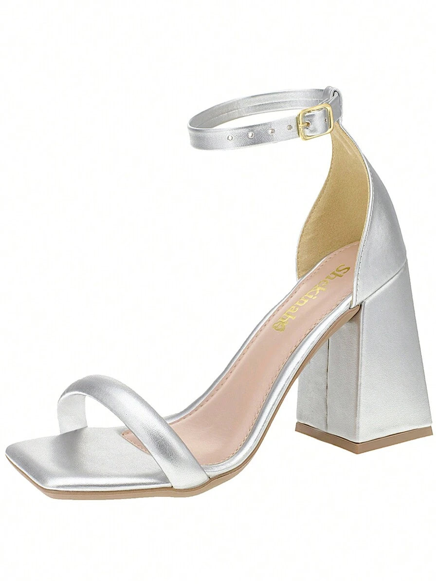 Sandália Shekinah Bege Salto Bloco Alto Bico Quadrado