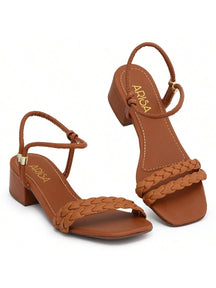 Sandália Malu Caramelo Salto Médio Bloco Bico Quadrado