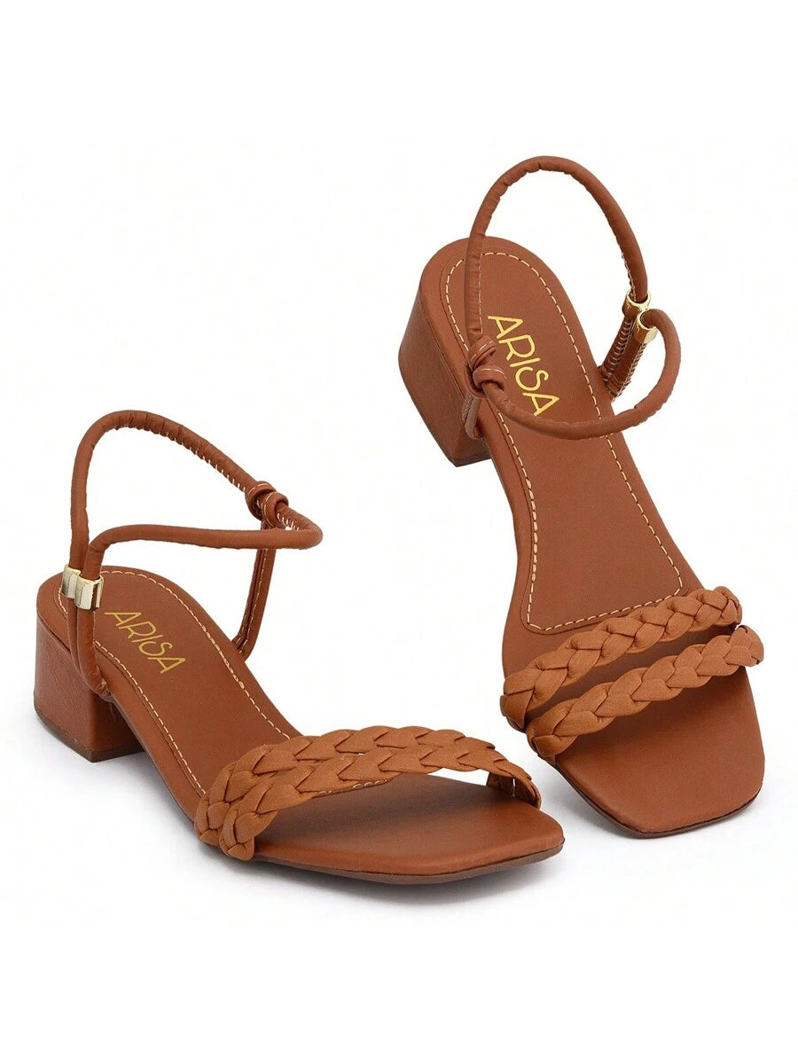 Sandália Malu Caramelo Salto Médio Bloco Bico Quadrado