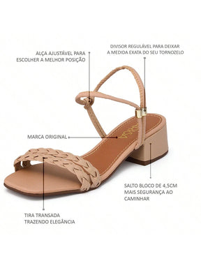 Sandália Malu Caramelo Salto Médio Bloco Bico Quadrado
