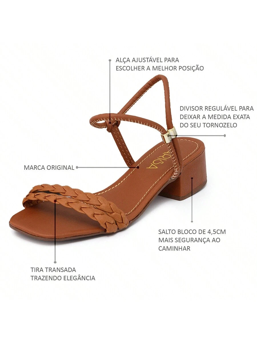 Sandália Malu Caramelo Salto Médio Bloco Bico Quadrado