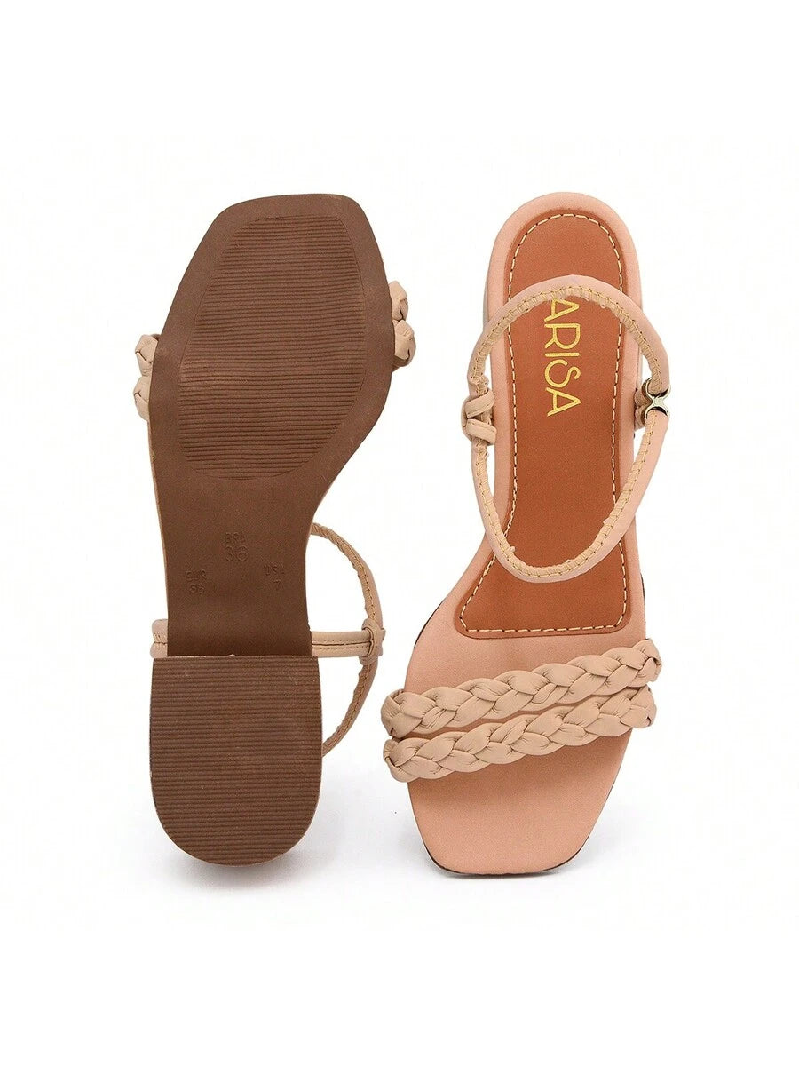 Sandália Malu Caramelo Salto Médio Bloco Bico Quadrado