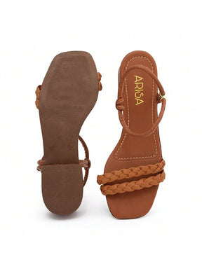 Sandália Malu Caramelo Salto Médio Bloco Bico Quadrado