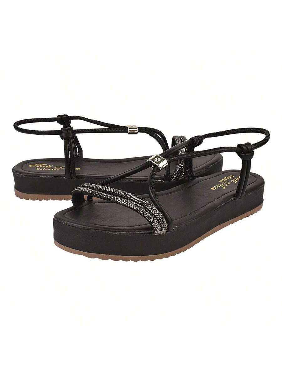 Papete De Brilho Com Regulagem Frontal Casual Confortável, Sandália Confort De Strass