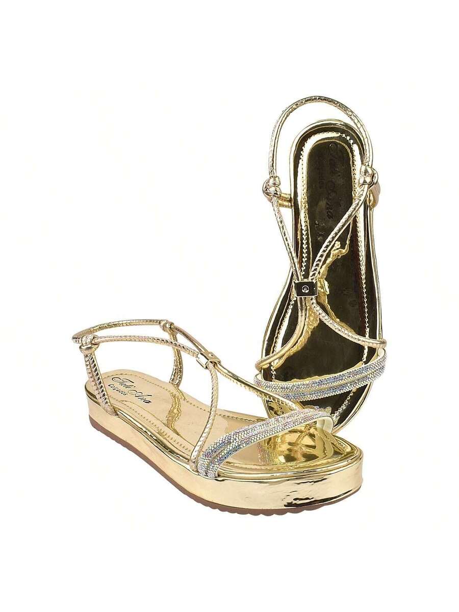 Papete De Brilho Com Regulagem Frontal Casual Confortável, Sandália Confort De Strass