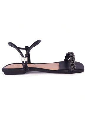 Sandália Feminina Plana Rasteirinha Tira em Strass Brilhante Brilho Trançada com Ajuste Leve Confortável