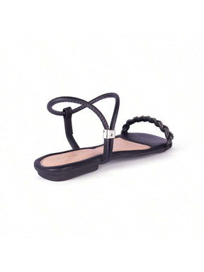 Sandália Feminina Plana Rasteirinha Tira em Strass Brilhante Brilho Trançada com Ajuste Leve Confortável