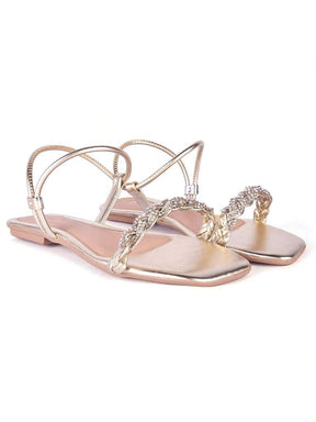 Sandália Feminina Plana Rasteirinha Tira em Strass Brilhante Brilho Trançada com Ajuste Leve Confortável