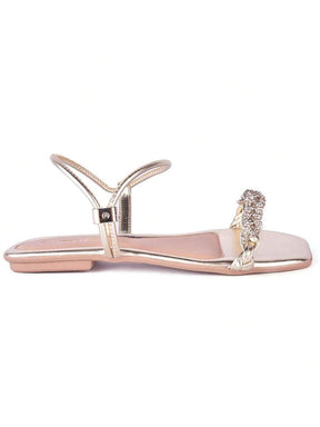 Sandália Feminina Plana Rasteirinha Tira em Strass Brilhante Brilho Trançada com Ajuste Leve Confortável