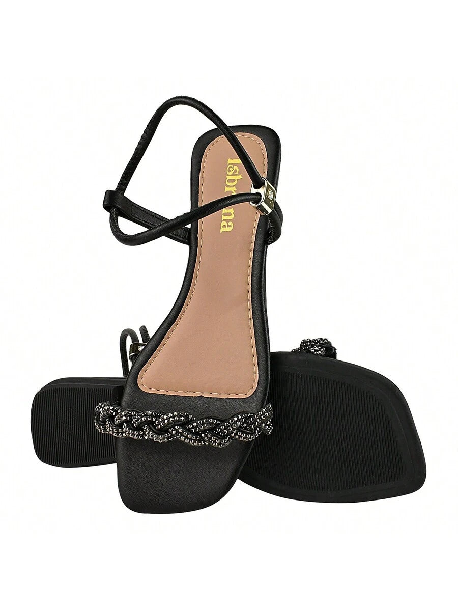 Sandália Feminina Plana Rasteirinha Tira em Strass Brilhante Brilho Trançada com Ajuste Leve Confortável