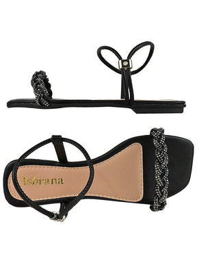 Sandália Feminina Plana Rasteirinha Tira em Strass Brilhante Brilho Trançada com Ajuste Leve Confortável