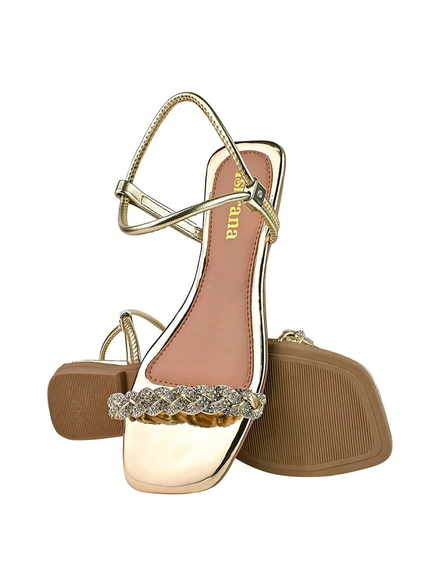 Sandália Feminina Plana Rasteirinha Tira em Strass Brilhante Brilho Trançada com Ajuste Leve Confortável