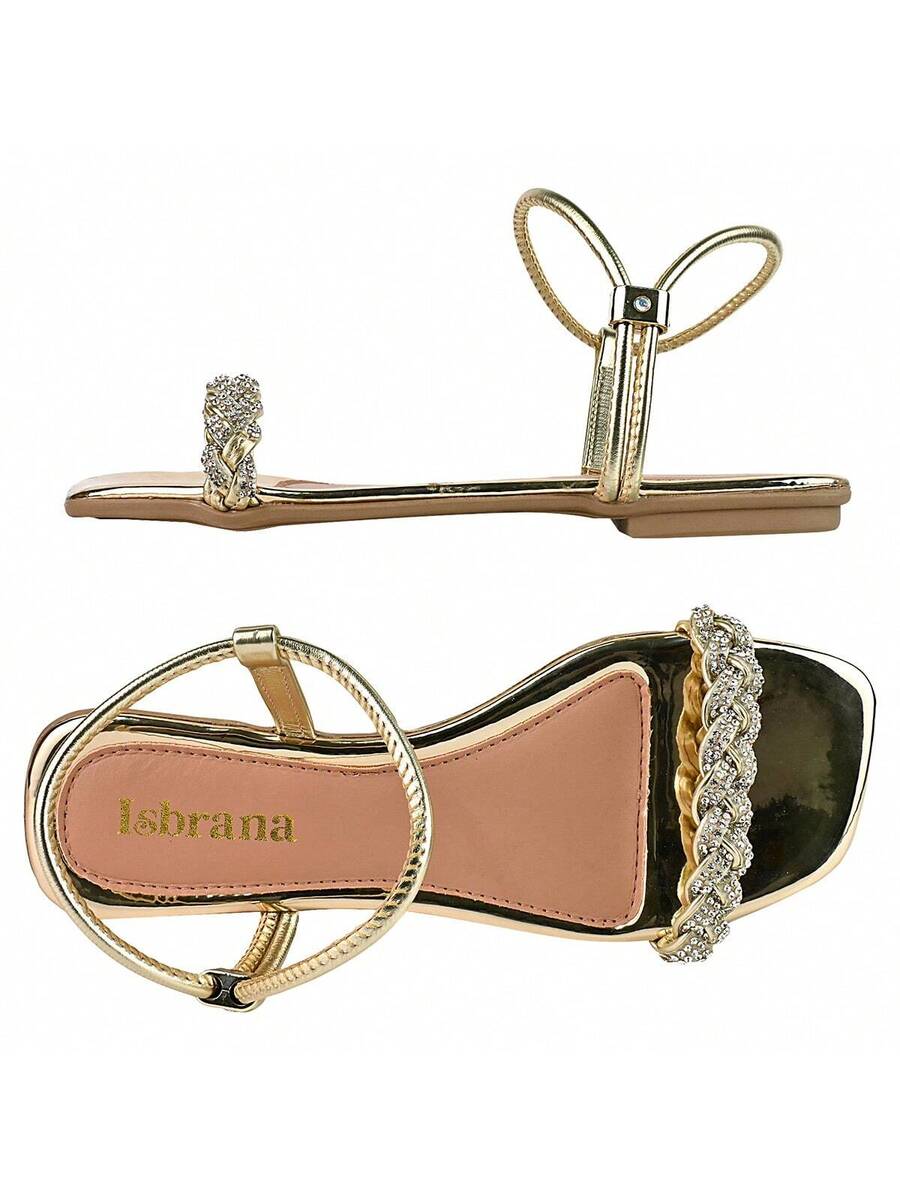 Sandália Feminina Plana Rasteirinha Tira em Strass Brilhante Brilho Trançada com Ajuste Leve Confortável