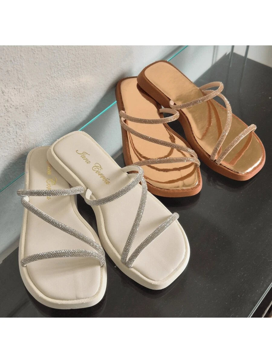 Papete Feminina Strass Brilho Sandália Confortável Branca