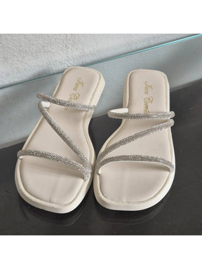 Papete Feminina Strass Brilho Sandália Confortável Branca