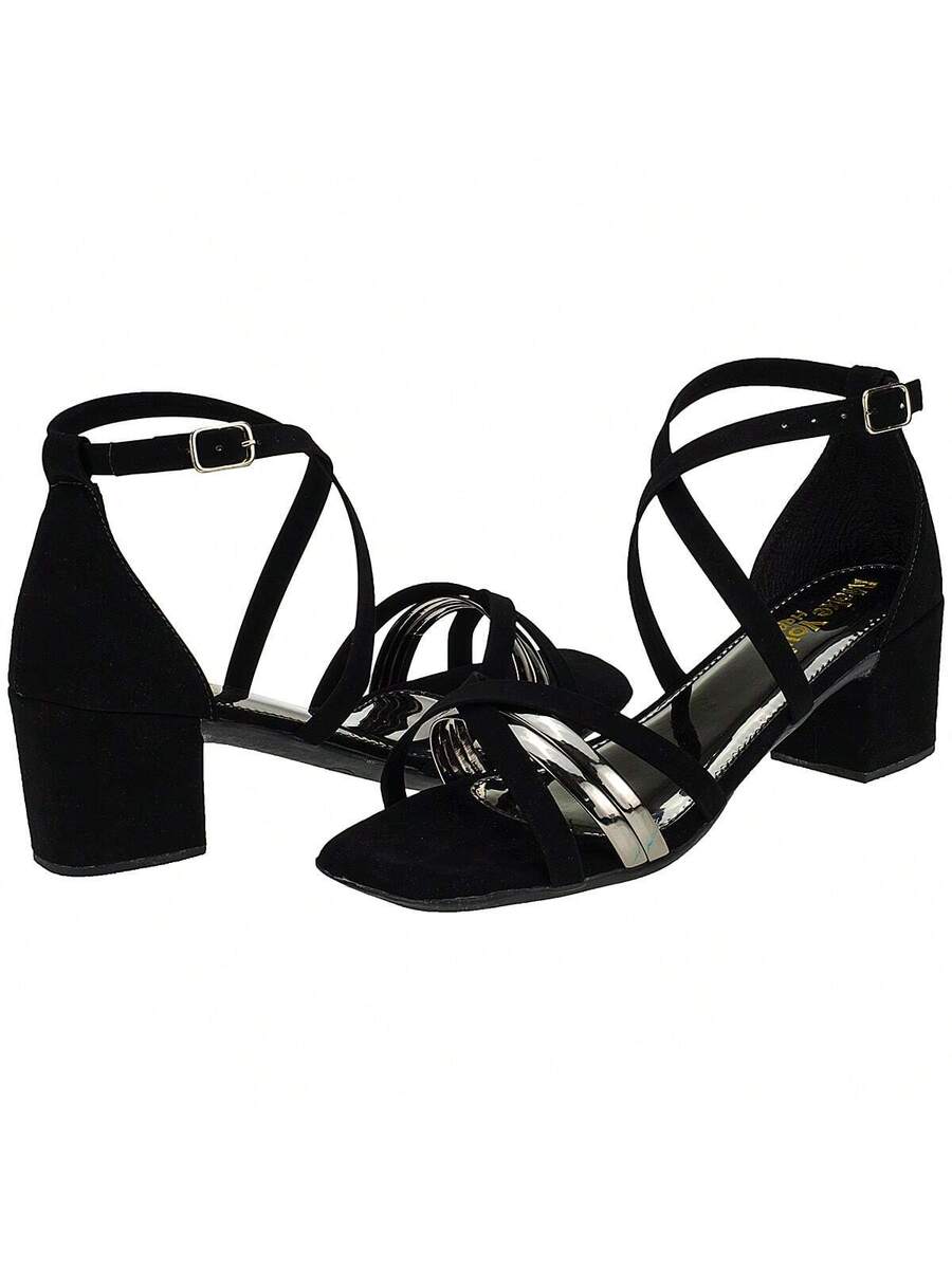 Sandalia Feminina Salto Baixo Grosso Bico Quadrado Tira X