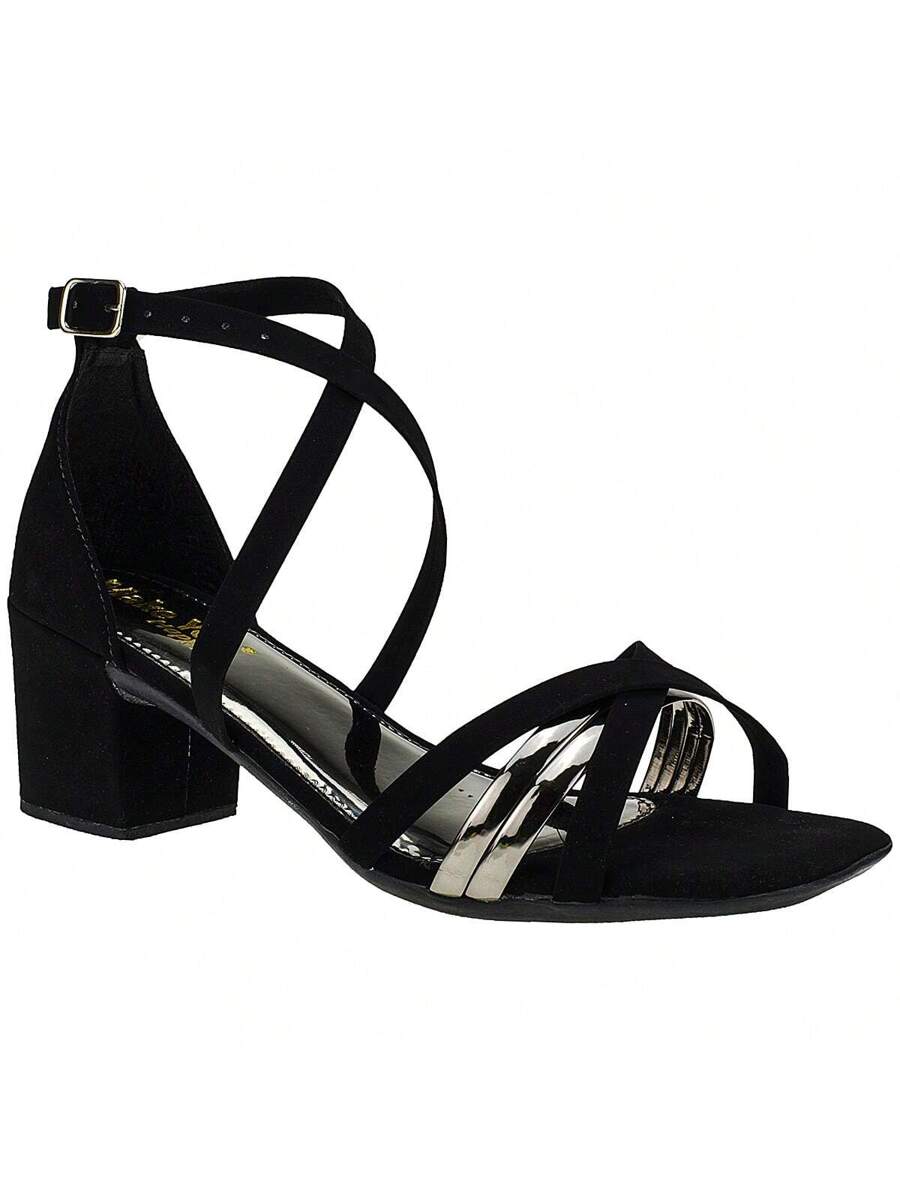 Sandália Kiara Preto Tiras X Salto Grosso Baixo