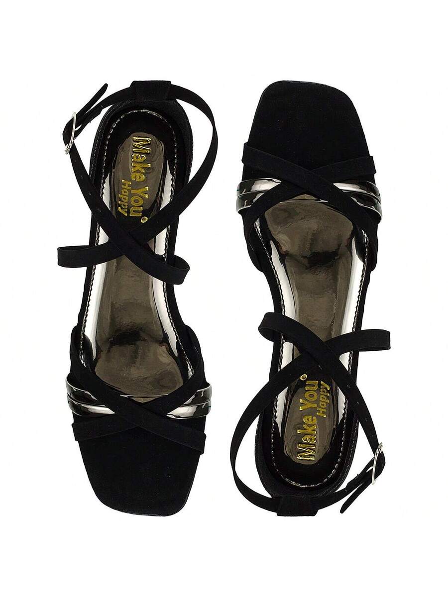 Sandália Kiara Preto Tiras X Salto Grosso Baixo