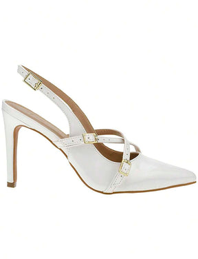 Shekinah Sapato Scarpin Feminino Salto Agulha Stiletto Slingback Shekinah Tiras Fivela Sapato Noiva Branco Casamento, Scarpin Salto Baixo