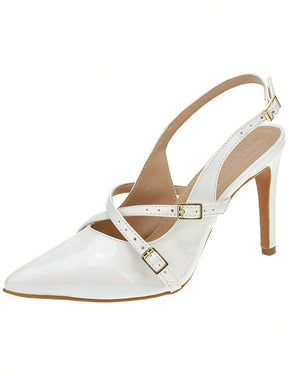 Shekinah Sapato Scarpin Feminino Salto Agulha Stiletto Slingback Shekinah Tiras Fivela Sapato Noiva Branco Casamento, Scarpin Salto Baixo