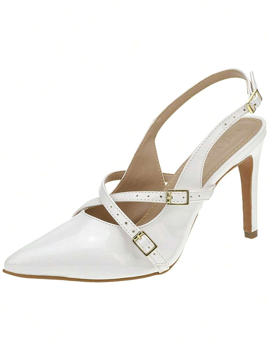 Shekinah Sapato Scarpin Feminino Salto Agulha Stiletto Slingback Shekinah Tiras Fivela Sapato Noiva Branco Casamento, Scarpin Salto Baixo