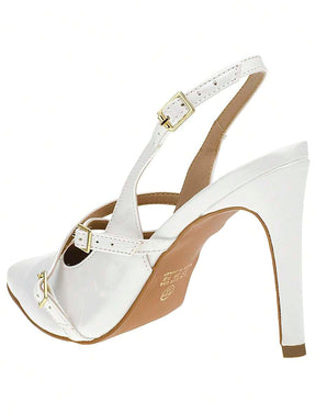 Shekinah Sapato Scarpin Feminino Salto Agulha Stiletto Slingback Shekinah Tiras Fivela Sapato Noiva Branco Casamento, Scarpin Salto Baixo
