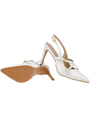 Shekinah Sapato Scarpin Feminino Salto Agulha Stiletto Slingback Shekinah Tiras Fivela Sapato Noiva Branco Casamento, Scarpin Salto Baixo