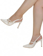 Shekinah Sapato Scarpin Feminino Salto Agulha Stiletto Slingback Shekinah Tiras Fivela Sapato Noiva Branco Casamento, Scarpin Salto Baixo