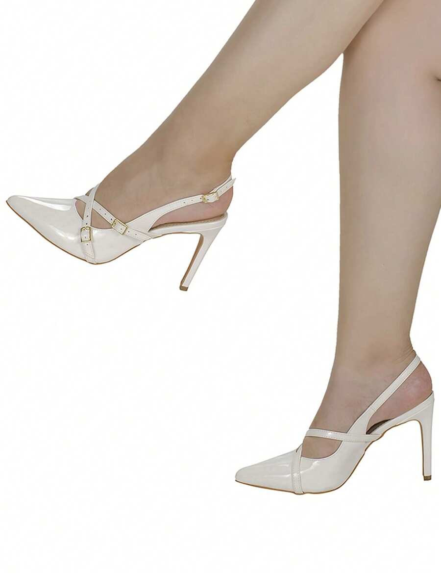 Shekinah Sapato Scarpin Feminino Salto Agulha Stiletto Slingback Shekinah Tiras Fivela Sapato Noiva Branco Casamento, Scarpin Salto Baixo