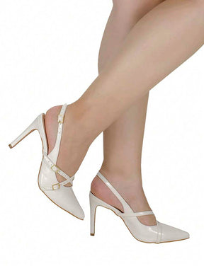 Shekinah Sapato Scarpin Feminino Salto Agulha Stiletto Slingback Shekinah Tiras Fivela Sapato Noiva Branco Casamento, Scarpin Salto Baixo