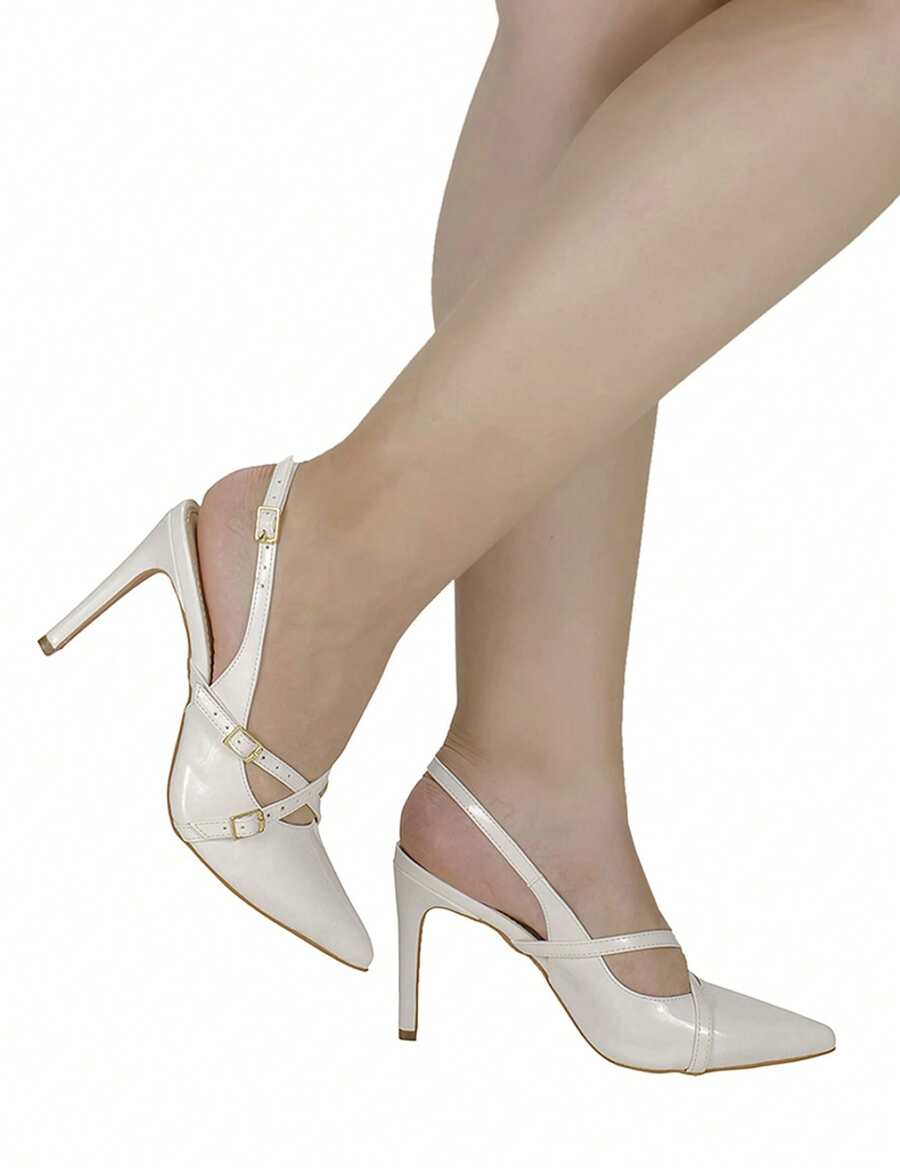 Shekinah Sapato Scarpin Feminino Salto Agulha Stiletto Slingback Shekinah Tiras Fivela Sapato Noiva Branco Casamento, Scarpin Salto Baixo