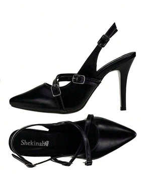 Shekinah Sapato Scarpin Feminino Salto Agulha Stiletto Slingback Shekinah Tiras Fivela Sapato Noiva Branco Casamento, Scarpin Salto Baixo