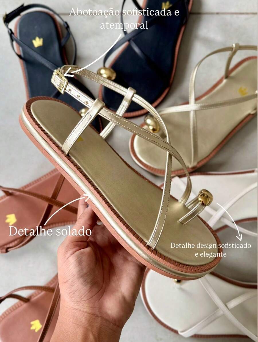Sandália Rasteira Feminina Confortável Detalhe Dedo Tira Enfeite Metalizado Lançamento    elegante    Fivela