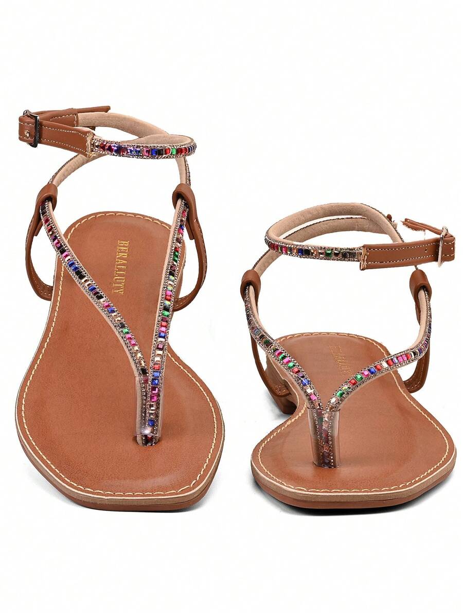 BERALLUTY Sandália Feminina Confortável Trazeira Cravejadas Com Strass Lançamento