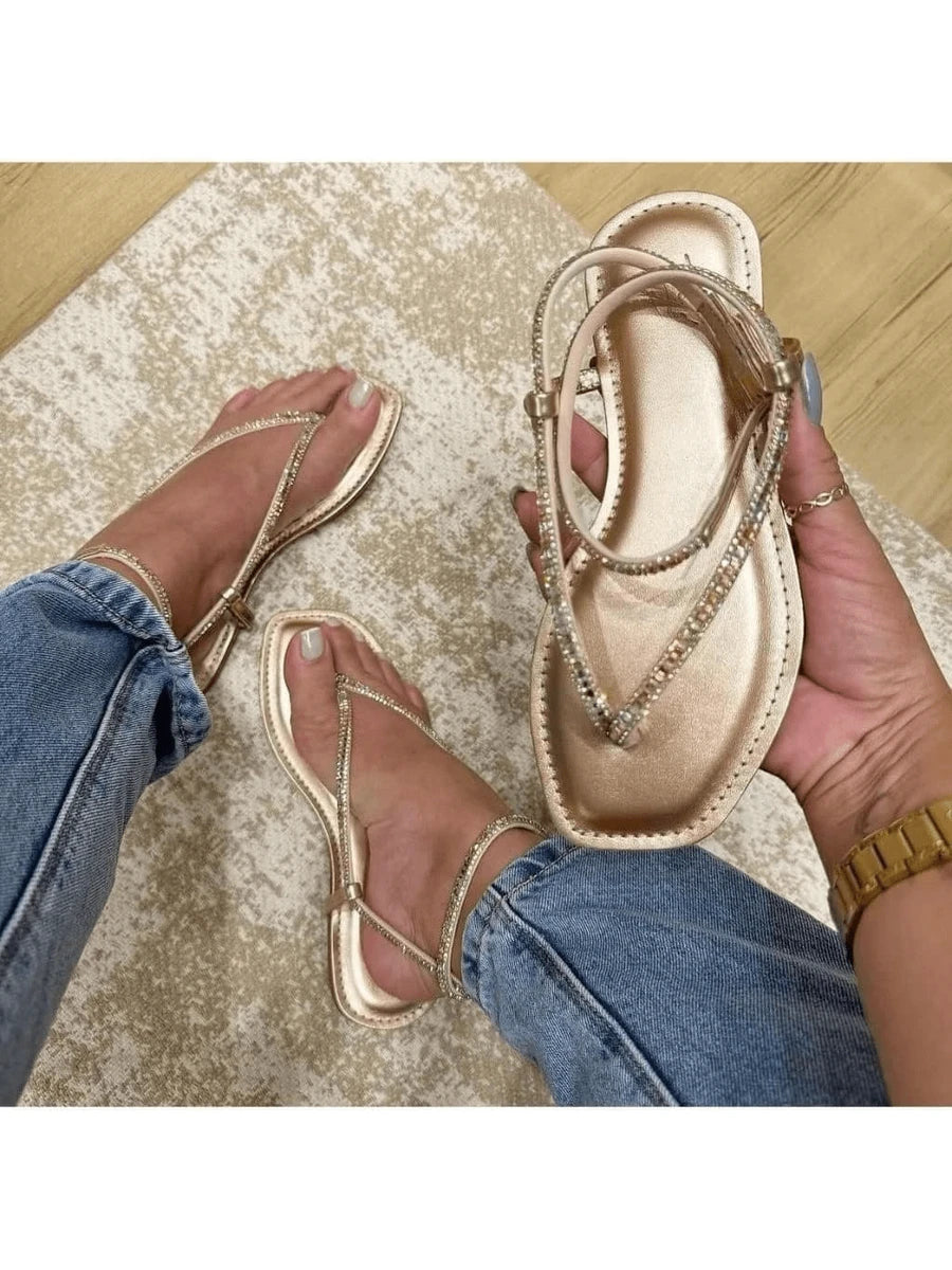 BERALLUTY Sandália Feminina Confortável Trazeira Cravejadas Com Strass Lançamento