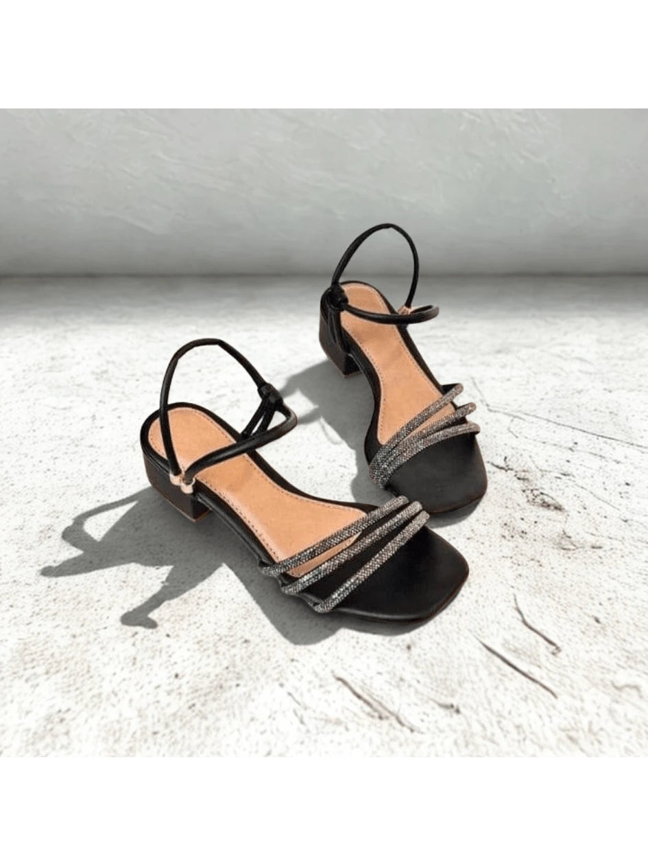 Sandália Aurora Dourado Strass Salto Grosso Elegante