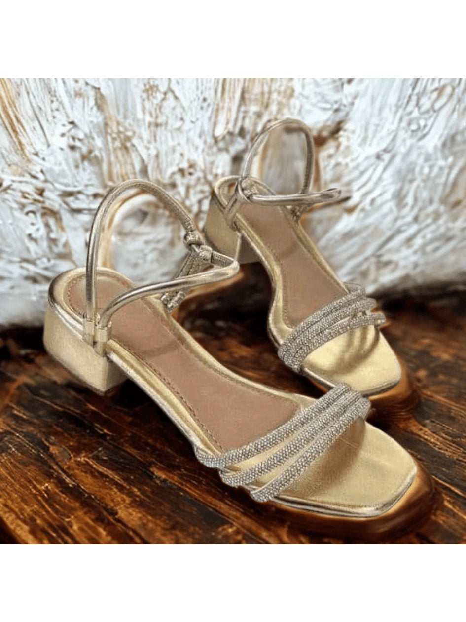 Sandália Aurora Dourado Strass Salto Grosso Elegante