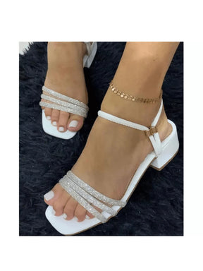 Sandália Aurora Dourado Strass Salto Grosso Elegante