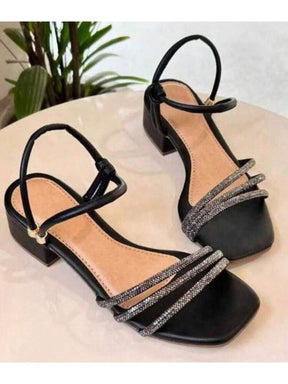 Sandália feminina confortável cristal Salto grosso tira Strass Sapato elegante Brilhante lançamento