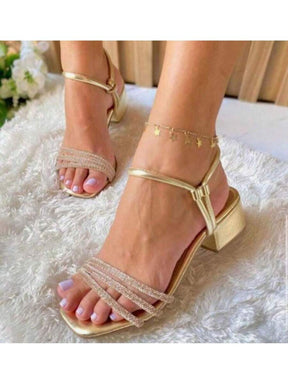 Sandália feminina confortável cristal Salto grosso tira Strass Sapato elegante Brilhante lançamento