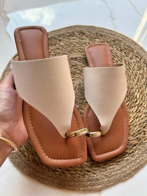Rasteira Sandália Rasteirinha Elegante Feminino Mula OFF bege Com Anel de Dedo Dourado Do 33 ao 44