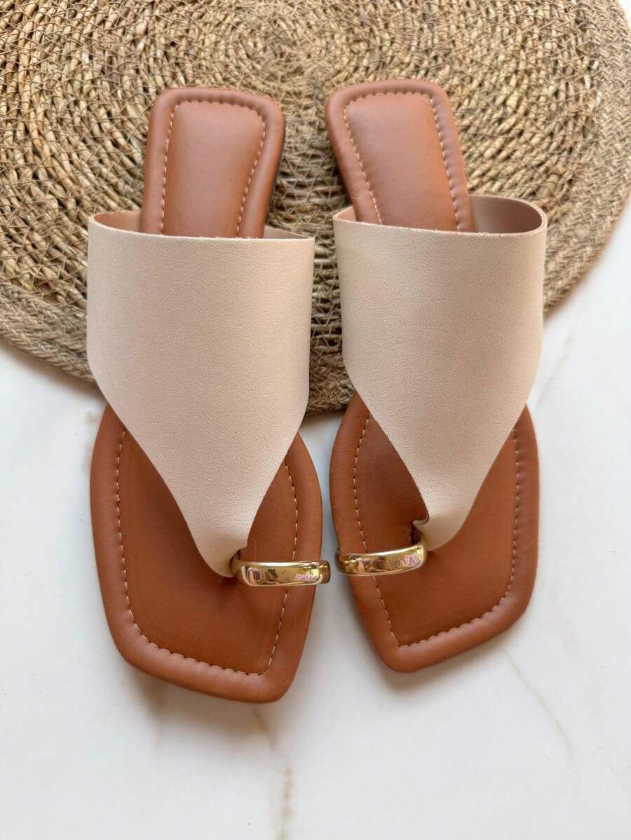 Rasteira Sandália Rasteirinha Elegante Feminino Mula OFF bege Com Anel de Dedo Dourado Do 33 ao 44