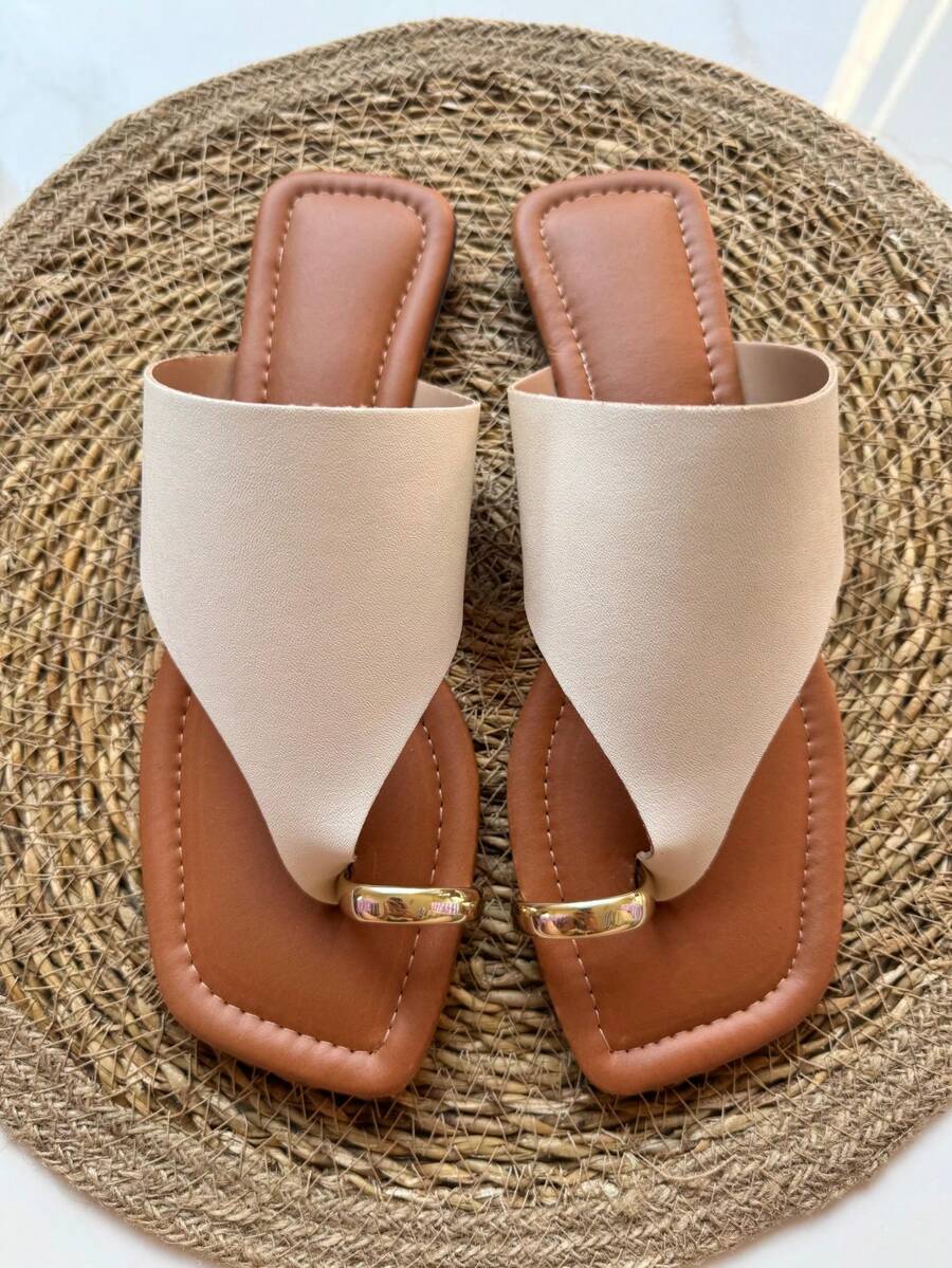 Rasteira Sandália Rasteirinha Elegante Feminino Mula OFF bege Com Anel de Dedo Dourado Do 33 ao 44